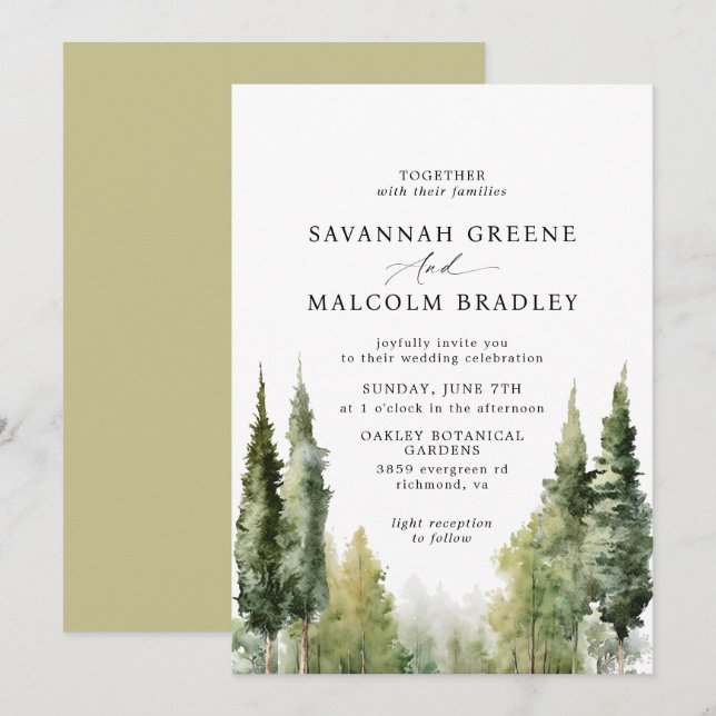 Watercolor Trees | Rustic Forest Outdoor Wedding Invitation (Front/Back)