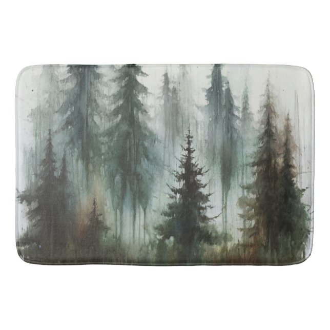 Watercolor Trees Rustic Wilderness  Bath Mat (Front)