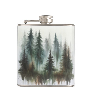 Watercolor Trees Rustic Wilderness  Hip Flask