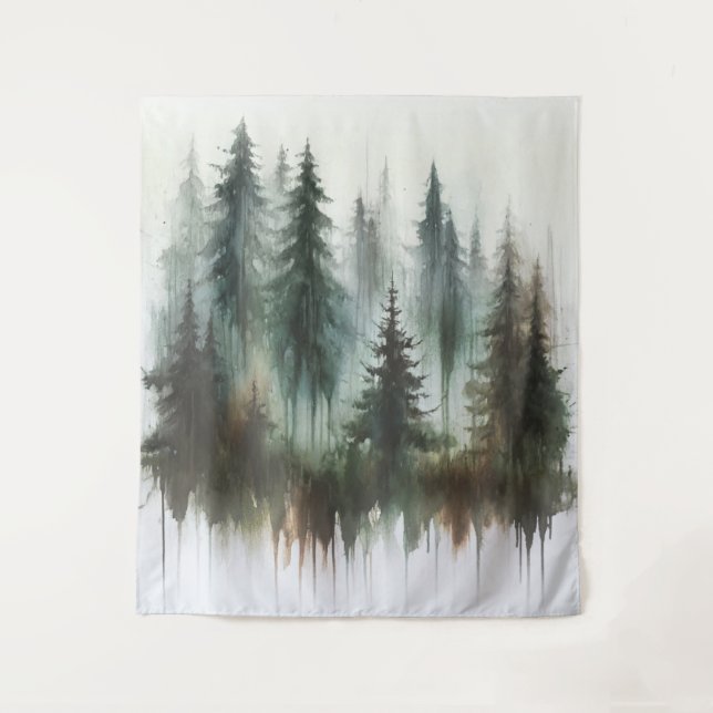 Watercolor Trees Rustic Wilderness Photo Backdrop Tapestry (Front)