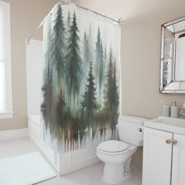 Watercolor Trees Rustic Wilderness  Shower Curtain (In Situ)