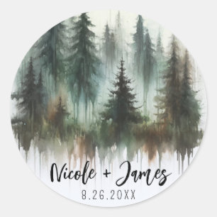 Watercolor Trees Rustic Wilderness Wedding Classic Round Sticker