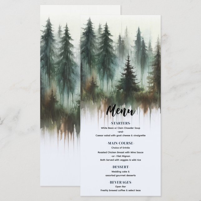 Watercolor Trees Rustic Wilderness Wedding Menu (Front/Back)