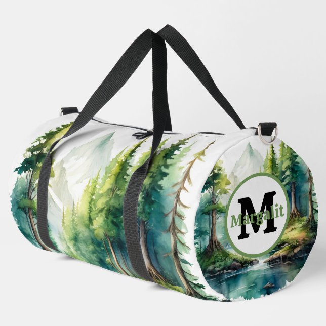 Watercolor Trees Scenery River Large Duffle Bag (Left Corner)