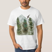 Watercolor trees with a mountains and a bird.