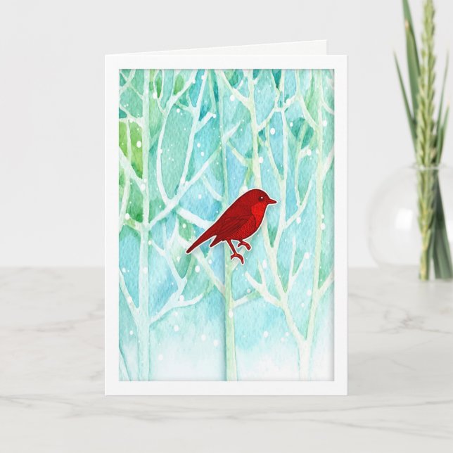 Watercolor Trees with Red Bird Holiday Card (Front)