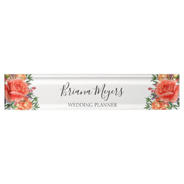 Watercolor Trendy Modern Floral Orange Business Nameplate (Front)