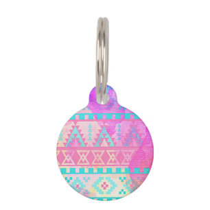 Watercolor Tribal Aztec Pink and Aqua Pattern Pet Tag