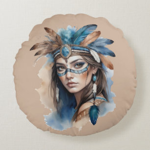 Watercolor Tribal Beauty: Spirit of Bohemian Art Round Cushion