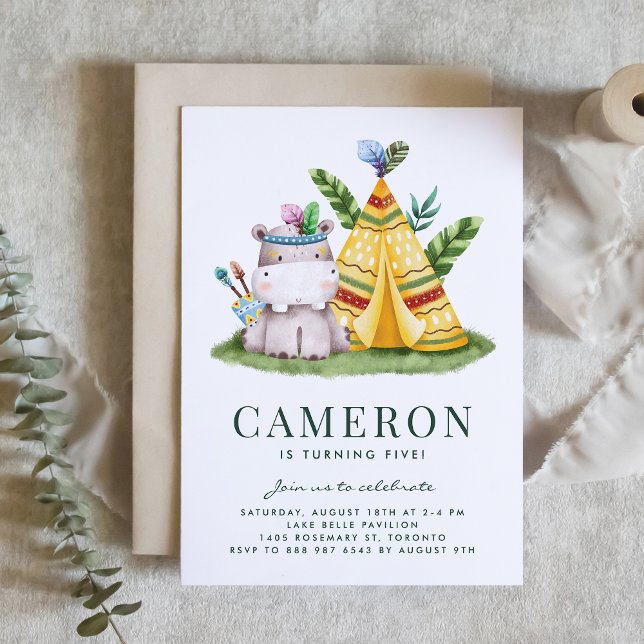 Watercolor Tribal Hippo Safari Theme Birthday Invitation (This birthday invitation features a watercolor hippo with tribal details, perfect for jungle parties)