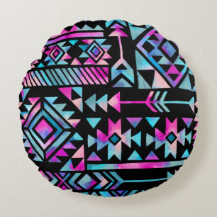 Watercolor tribal motifs, ethnic wallpaper. round cushion