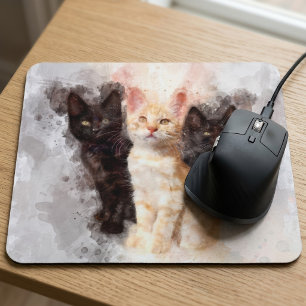 Watercolor Trio of Cute Black and Orange Kittens Mouse Mat