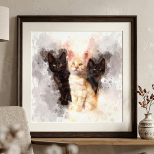 Watercolor Trio of Cute Black and Orange Kittens Photo Print