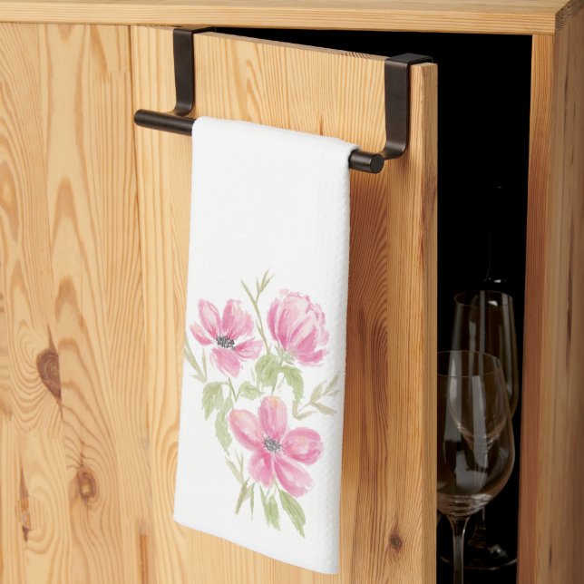 Watercolor Triple Pink Blooms Tea Towel (Thirds Fold)