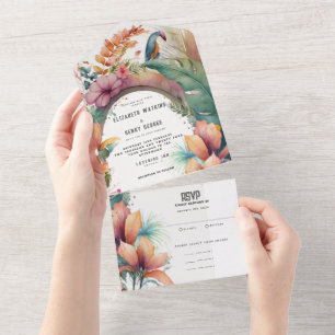 Watercolor Tropic Botanical Flowers Wedding All In One Invitation