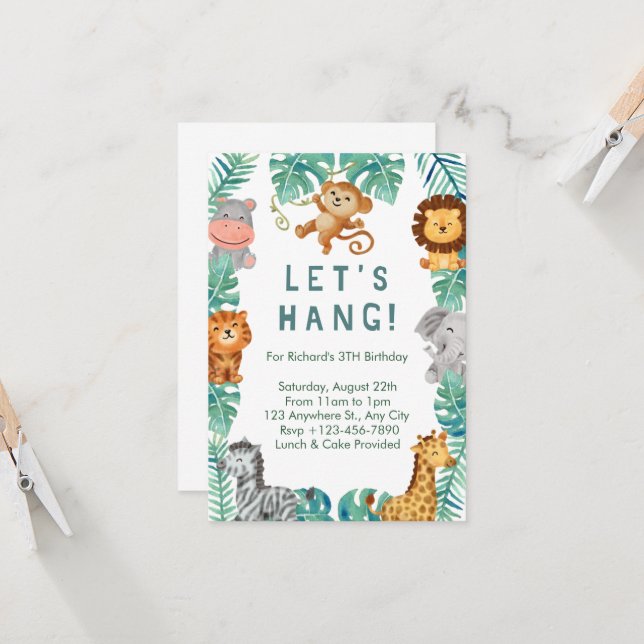 Watercolor Tropical Animals Birthday  Invitation (Front/Back In Situ)