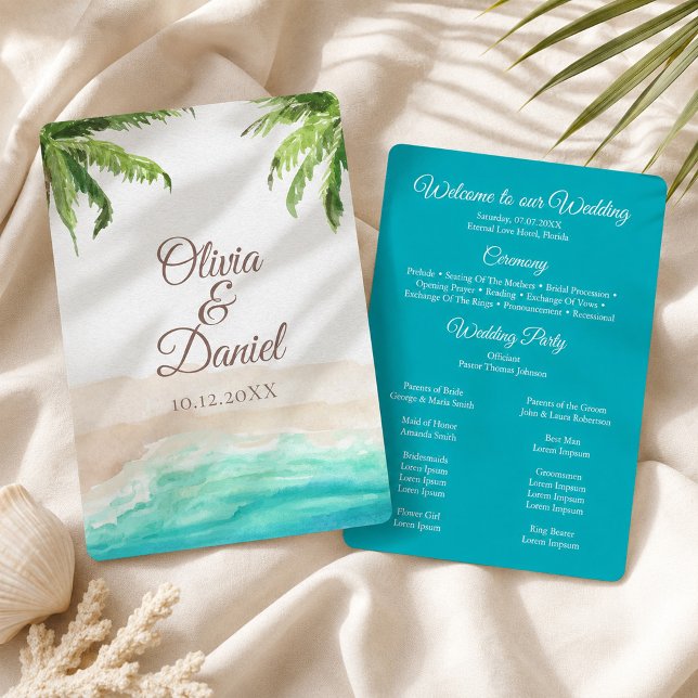 Watercolor Tropical Beach and Palm Trees Wedding Programme (Watercolor Tropical Beach and Palm Trees Wedding Program)