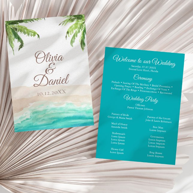 Watercolor Tropical Beach and Palm Trees Wedding Programme (Tropical Beach and Palm Trees Wedding Program on a sunny white dry palm leaf.)