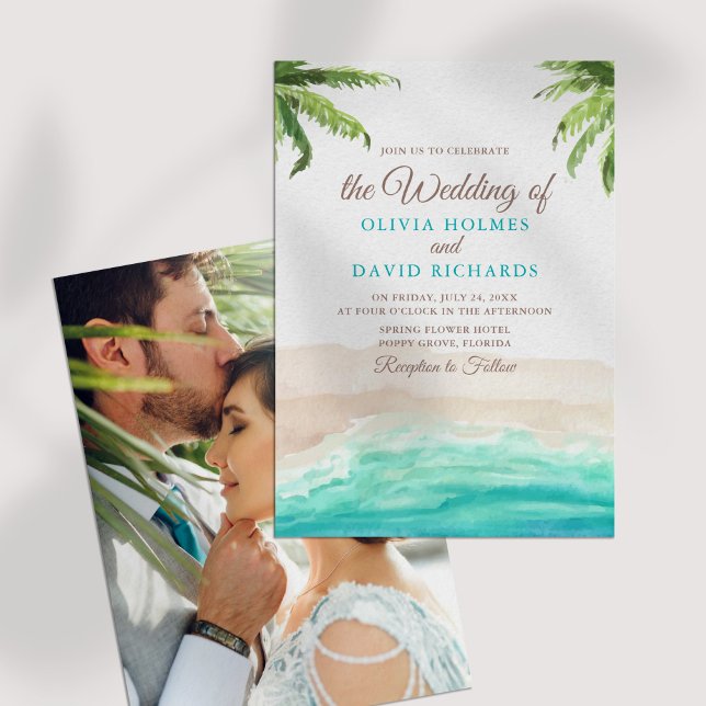 Watercolor Tropical Beach Couple Photo Wedding Invitation (Watercolor Tropical Beach Couple Photo Wedding Invitation on a white table.)