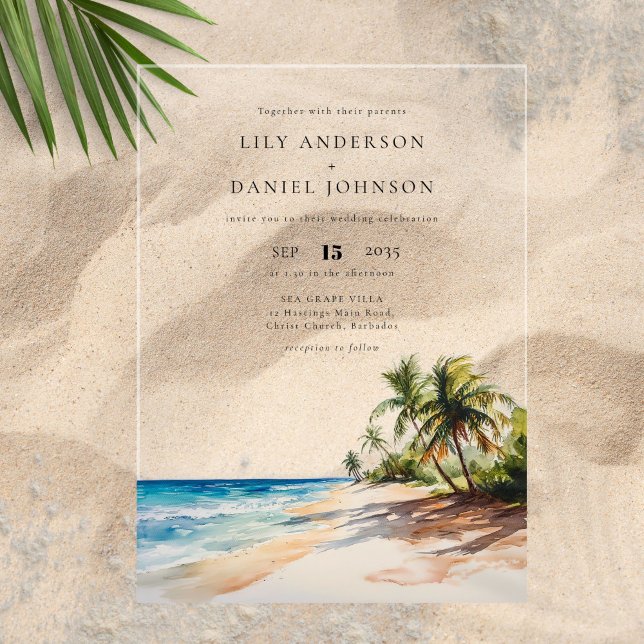 Watercolor Tropical Beach Destination Wedding Acrylic Invitations (Watercolor Tropical Beach Destination Wedding Acrylic Invitations)