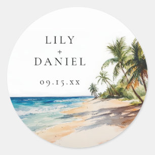 Watercolor Tropical Beach Destination Wedding Classic Round Sticker