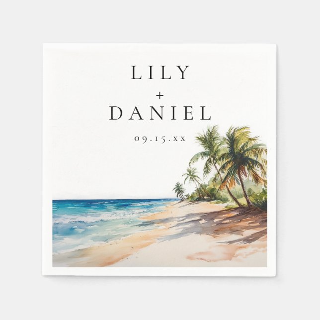 Watercolor Tropical Beach Destination Wedding Napkin (Front)