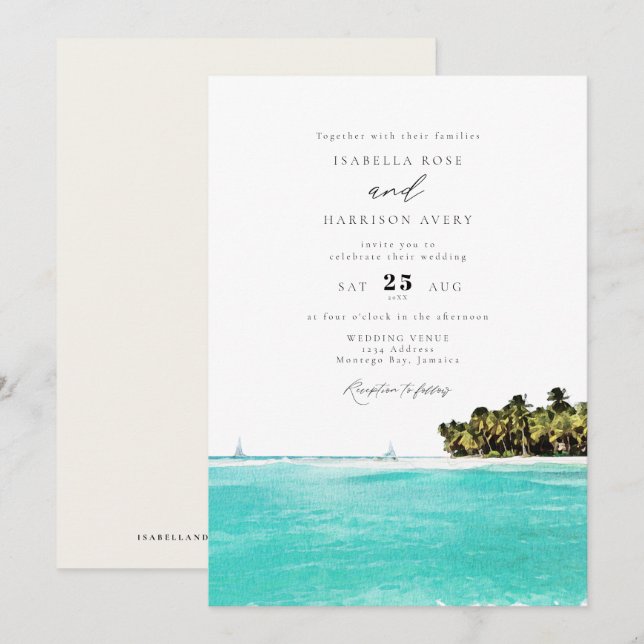 Watercolor Tropical Beach Jamaica Island Wedding Invitation (Front/Back)