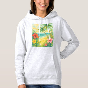 Watercolor Tropical Beach Landscape Palms Hoodie