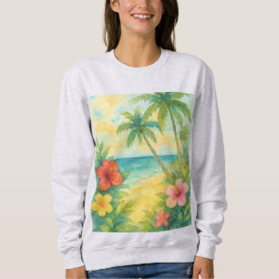 Watercolor Tropical Beach Landscape Palms Sweatshirt