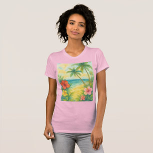 Watercolor Tropical Beach Landscape Palms T-Shirt