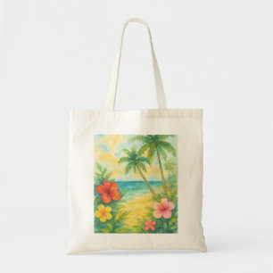 Watercolor Tropical Beach Landscape Palms Tote Bag