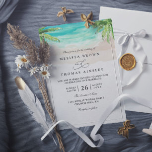 Watercolor Tropical Beach Palm Elegant Wedding Invitation