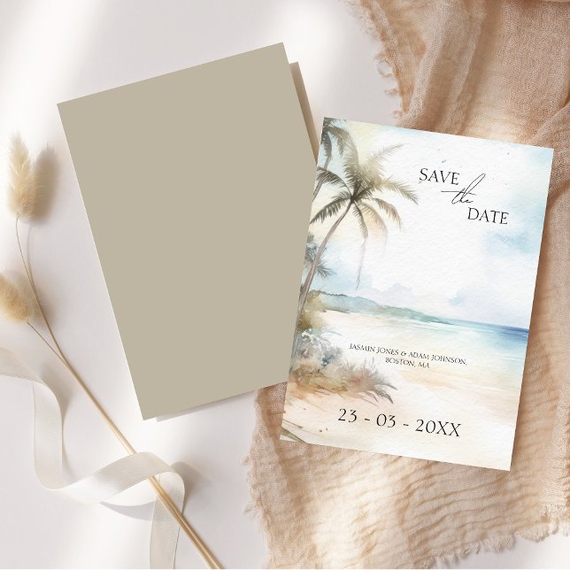Watercolor Tropical Beach Palm Tree Save The Date (Watercolor Tropical Beach Palm Trees Wedding Save The Date Card)