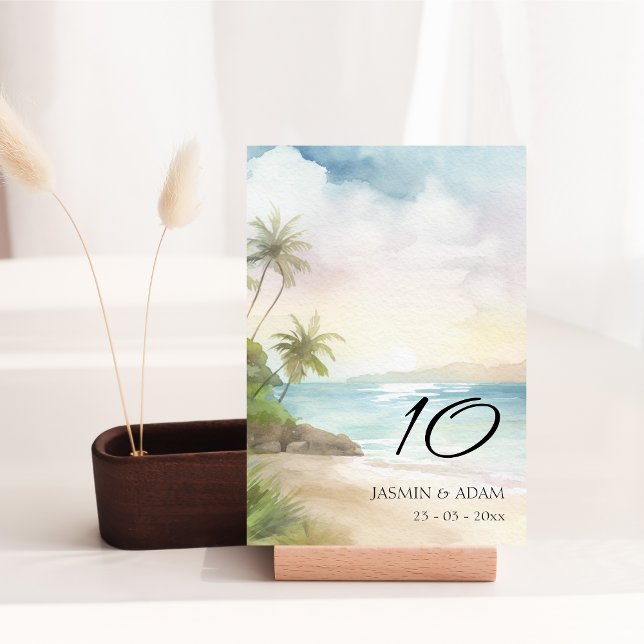 Watercolor Tropical Beach Palm Tree Wedding Table Number (Watercolor Tropical Beach Palm Trees Wedding Table Number)