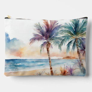 Watercolor Tropical Beach, Palm Trees Accessory Pouch