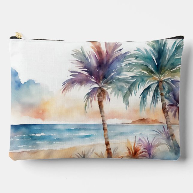 Watercolor Tropical Beach, Palm Trees Accessory Pouch (Front)