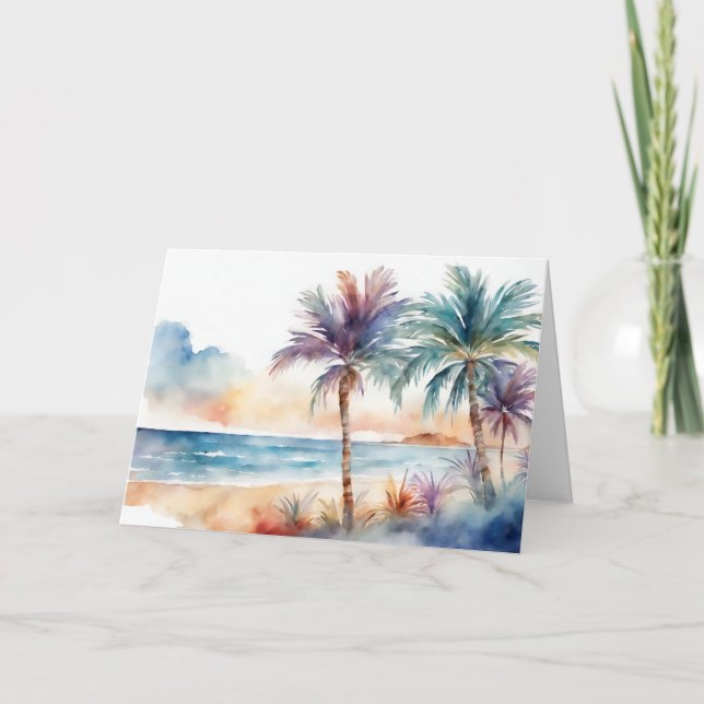 Watercolor Tropical Beach, Palm Trees Card (Front)