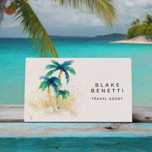 Watercolor Tropical Beach Palm Trees Gold  Business Card