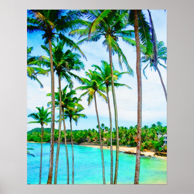 Watercolor Tropical Beach Palm Trees Ocean Poster (Front)