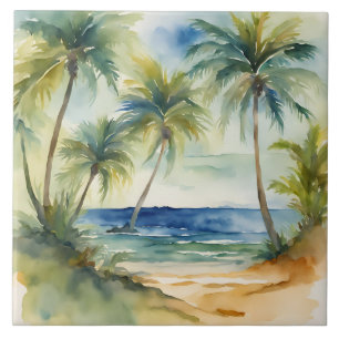 Watercolor Tropical Beach Palm Trees  Tile