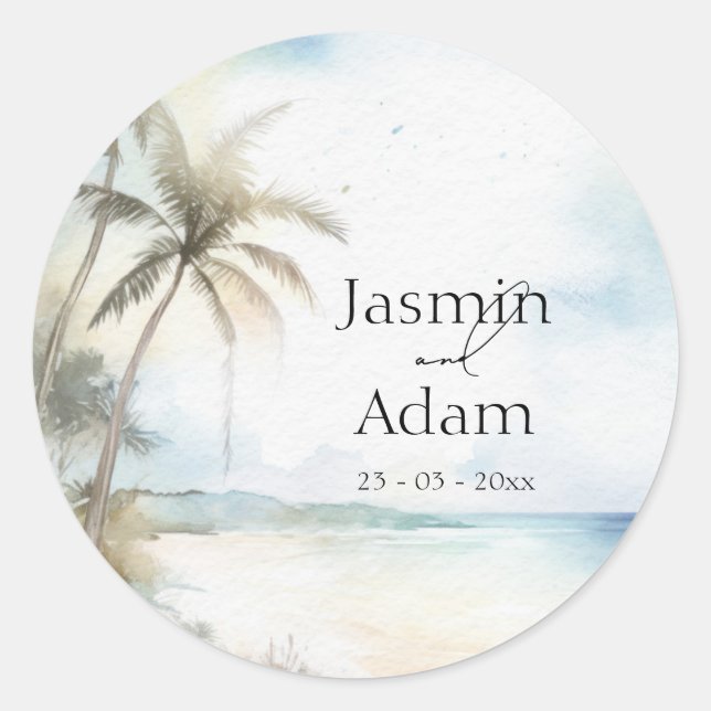 Watercolor Tropical Beach Palm Trees Wedding Classic Round Sticker (Front)