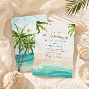 Watercolor Tropical Beach & Palm Trees Wedding Invitation