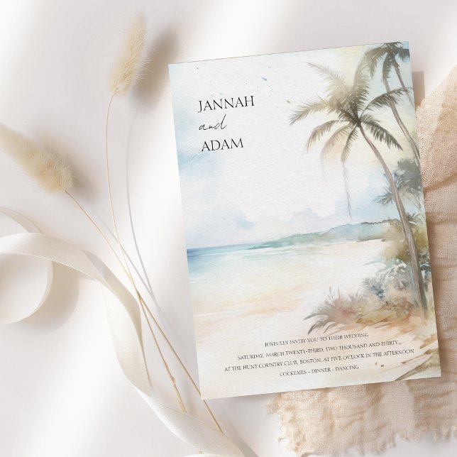 Watercolor Tropical Beach Palm Trees Wedding Invitation (Creator Uploaded)