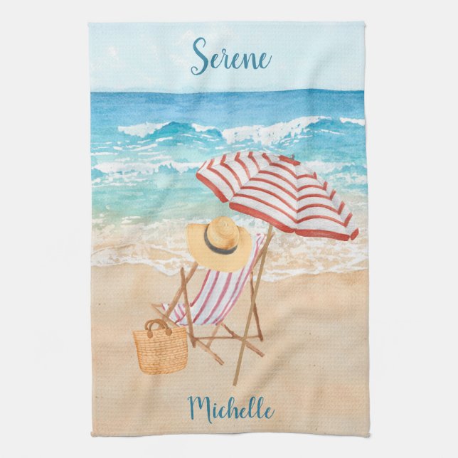 Watercolor Tropical Beach Personalise Tea Towel (Vertical)