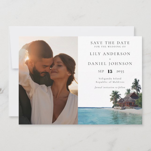 Watercolor Tropical Beach Photo Wedding Save The Date (Front)