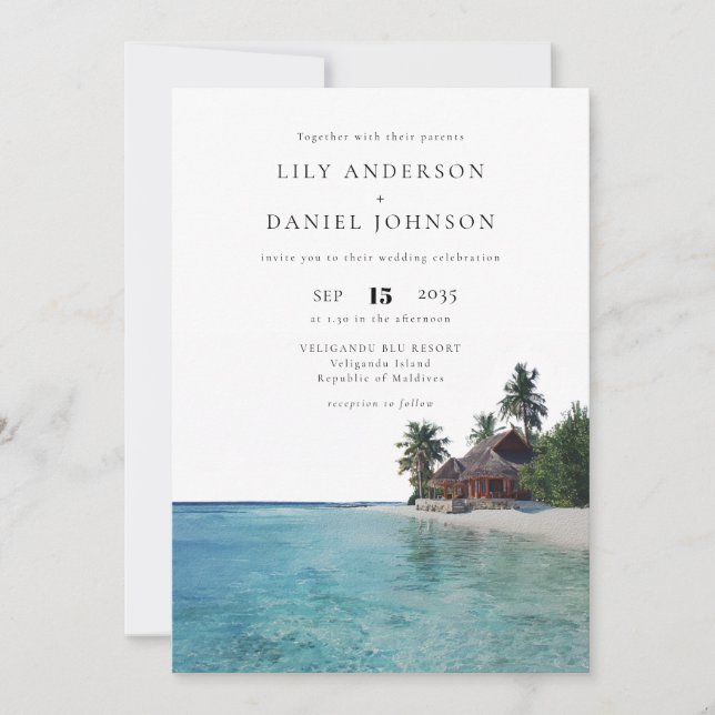 Watercolor Tropical Beach QR Code Wedding Invitation (Front)