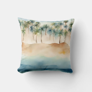 Watercolor Tropical Beach Scene Palms Sand Ocean Cushion