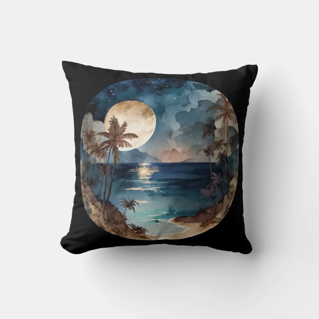 Watercolor Tropical Beach Sunset Cushion (Front)