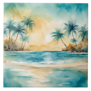 Watercolor Tropical Beach Sunset  Tile