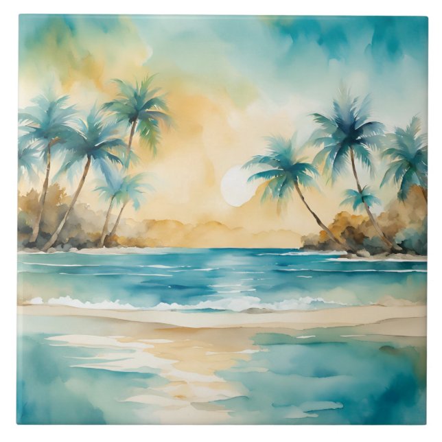 Watercolor Tropical Beach Sunset  Tile (Front)